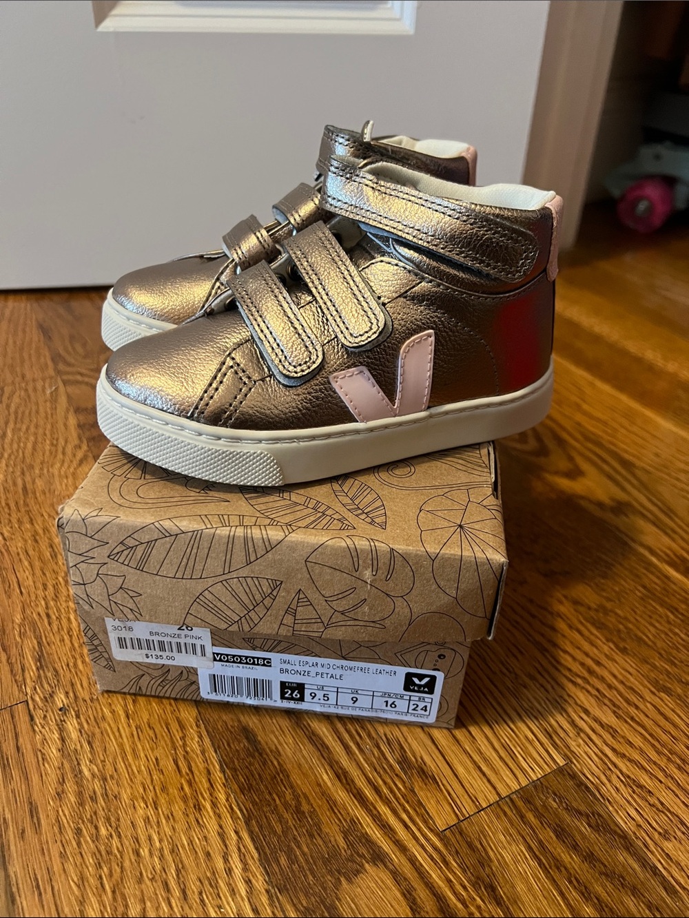 Veja Kids Metallic Bronze High-Top Sneakers with Pink Accent